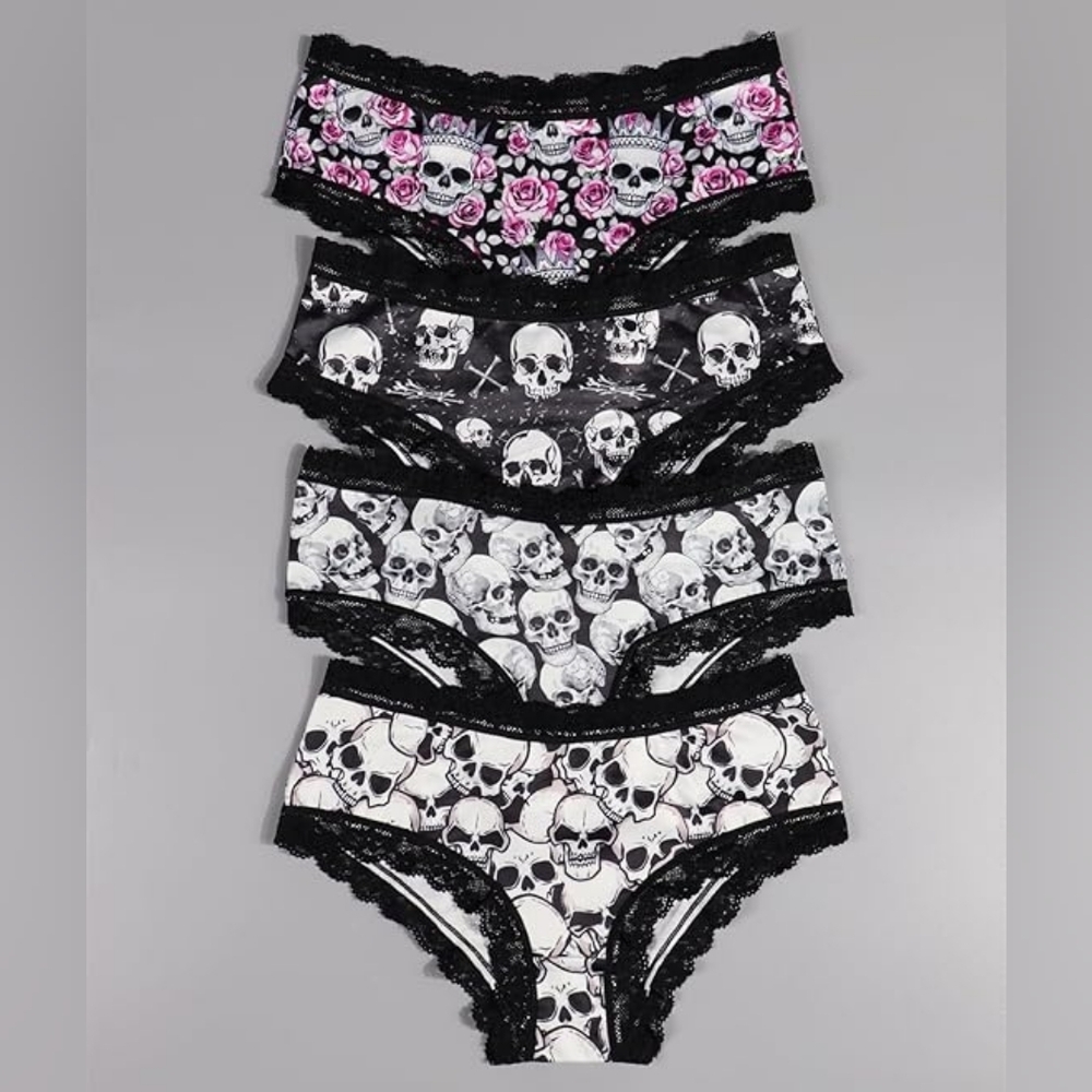 4pcs Women Gothic Skull Print Lace Trims Soft Hipsters Briefs